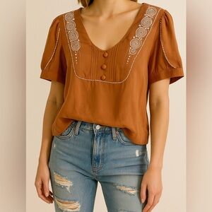 Floreat Anthropologie Top Rust Embroidered Cottagecore Puff Sleeve‎ Boho Size 4